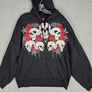 Social Collision Hoodie Mens 3X Skulls & Red Roses Graphic Long Sleeve 30510168